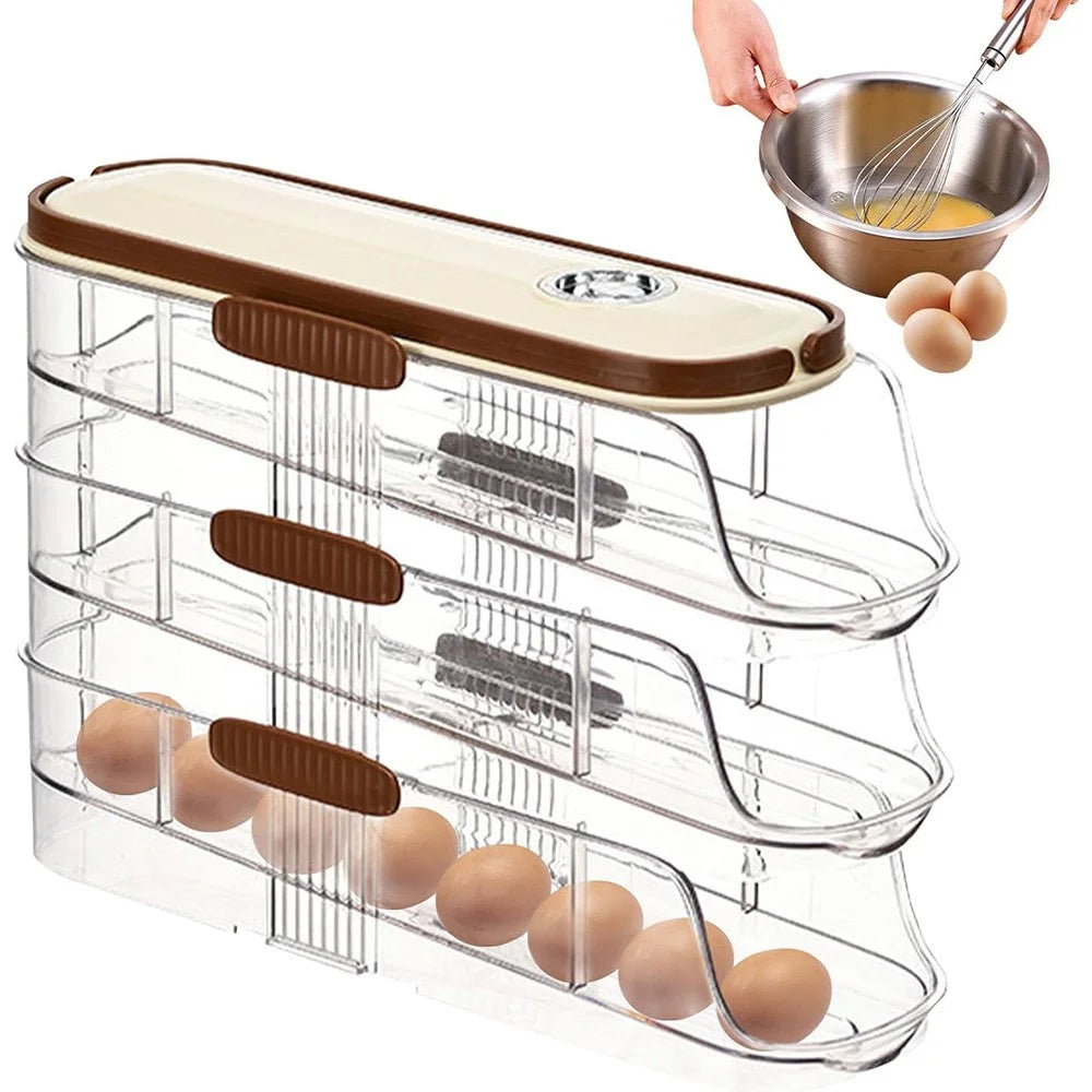 3-Tier Single Row Auto Rolling Egg Storage Container Plastic Stackable Refrigerator Eggs Organizer Box - Clear - 1