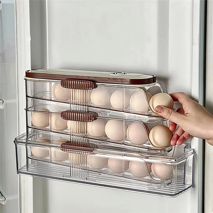 3-Tier Single Row Auto Rolling Egg Storage Container Plastic Stackable Refrigerator Eggs Organizer Box - Clear - 3