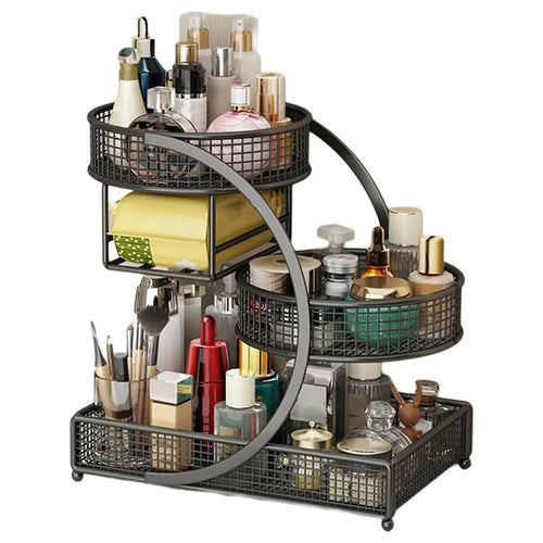 3-Tier Makeup Organizer with Tissue Holder Desktop Cosmetic Storage Rack Vanity Bathroom Counter Shelf - Black - 1