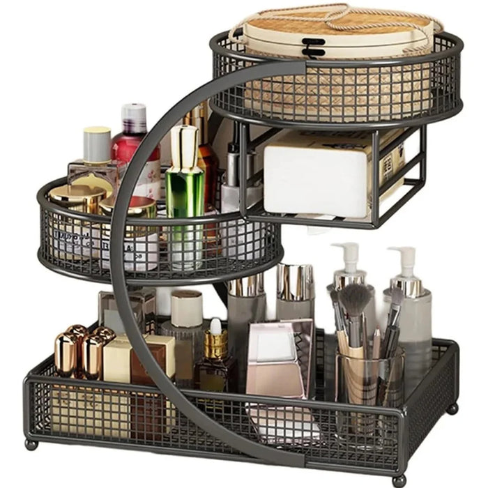 3-Tier Makeup Organizer with Tissue Holder Desktop Cosmetic Storage Rack Vanity Bathroom Counter Shelf - Black - 2