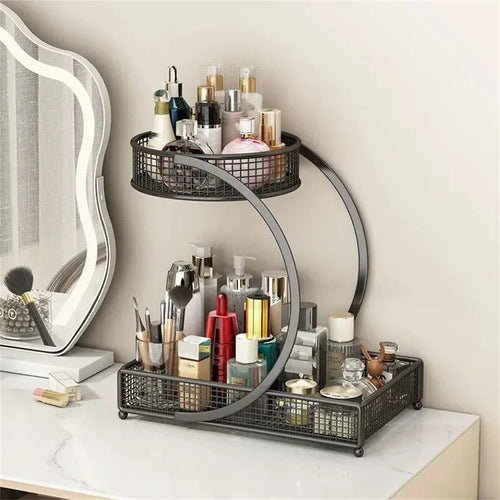 2-Tier Makeup Organizer Shelf Vanity Countertop Storage Rack Metal Bathroom Cosmetic Stand - Black - 1