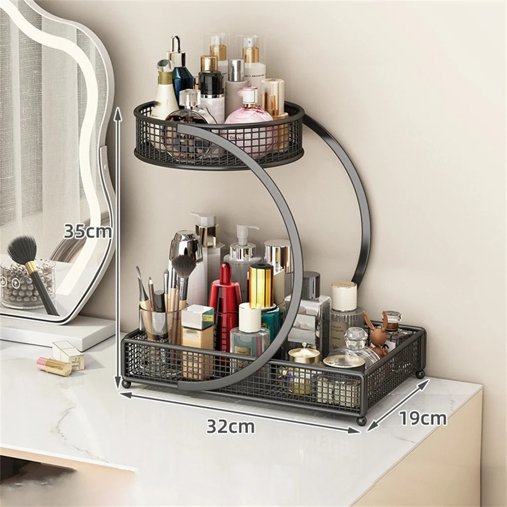 2-Tier Makeup Organizer Shelf Vanity Countertop Storage Rack Metal Bathroom Cosmetic Stand - Black - 2