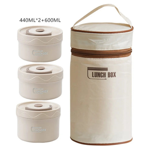 3Pcs 304 Stainless Steel Bento Lunch Box Set Insulated Food Container (2Pcs 440ml + 1Pc 600ml + Insulated Bag) (without FDA Certification) - Beige - 1