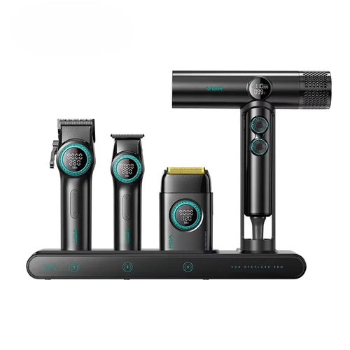 VGR 4 in 1 Professional Barber Combo Hair Clipper Beard Trimmer Foil Shaver Hair Dryer Set with Charging Dock - EU Plug / Black - 1
