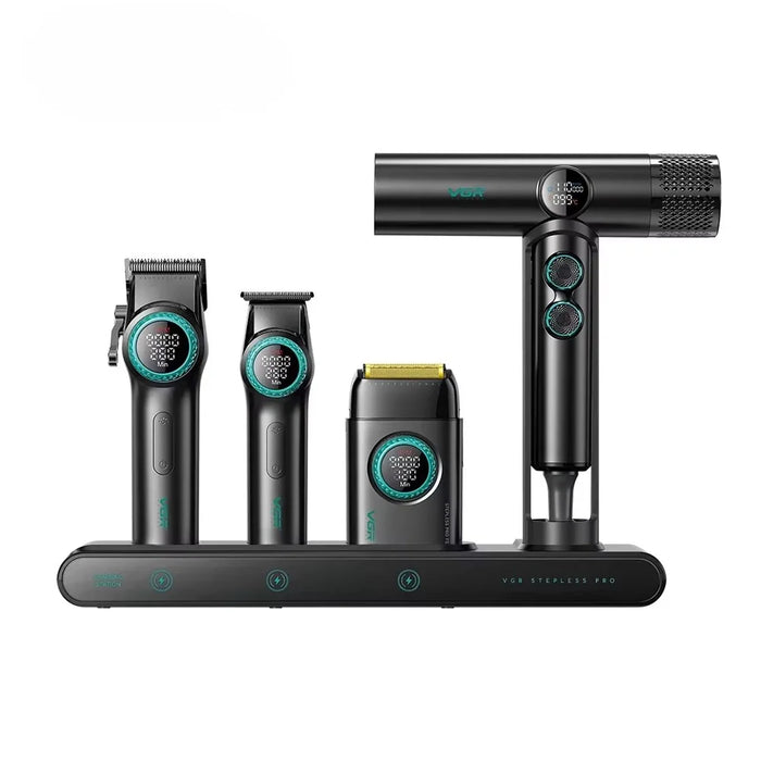 VGR 4 in 1 Professional Barber Combo Hair Clipper Beard Trimmer Foil Shaver Hair Dryer Set with Charging Dock - EU Plug / Black - 1