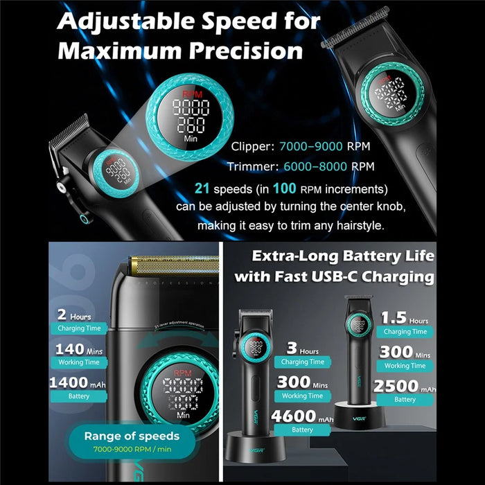 VGR 4 in 1 Professional Barber Combo Hair Clipper Beard Trimmer Foil Shaver Hair Dryer Set with Charging Dock - EU Plug / Black - 2