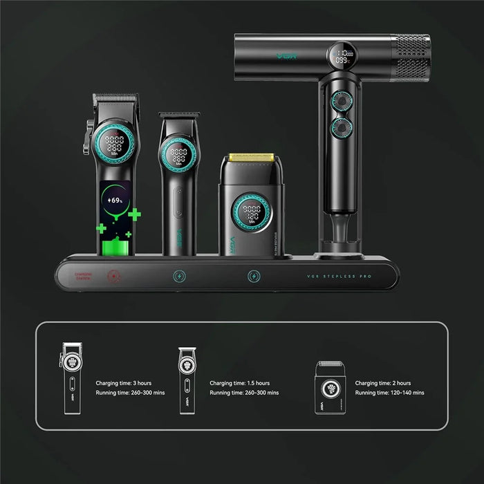 VGR 4 in 1 Professional Barber Combo Hair Clipper Beard Trimmer Foil Shaver Hair Dryer Set with Charging Dock - EU Plug / Black - 4