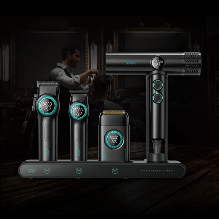 VGR 4 in 1 Professional Barber Combo Hair Clipper Beard Trimmer Foil Shaver Hair Dryer Set with Charging Dock - EU Plug / Black - 7