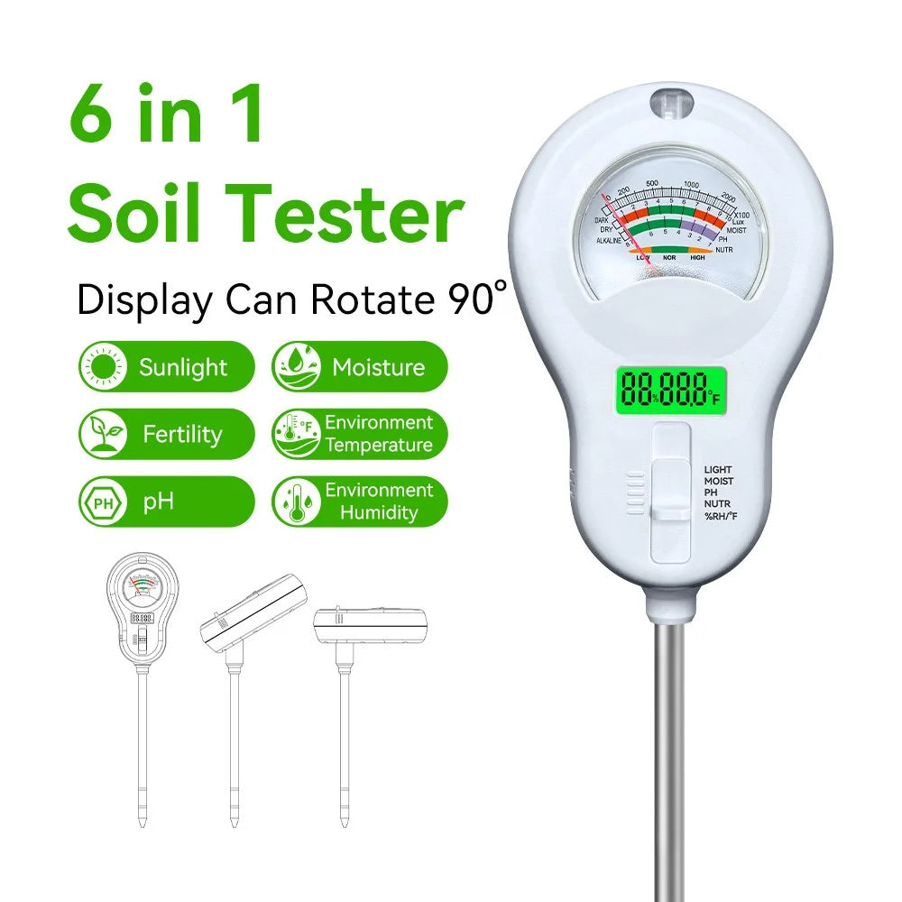 6 in 1 Soil Tester pH Meter with LCD Display Light Moisture Fertility Temperature Humidity Detector, without Battery - White - 3