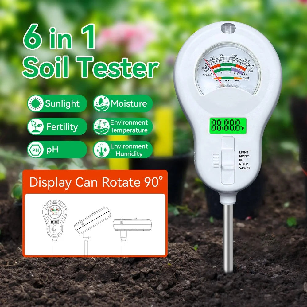 6 in 1 Soil Tester pH Meter with LCD Display Light Moisture Fertility Temperature Humidity Detector, without Battery - White - 5