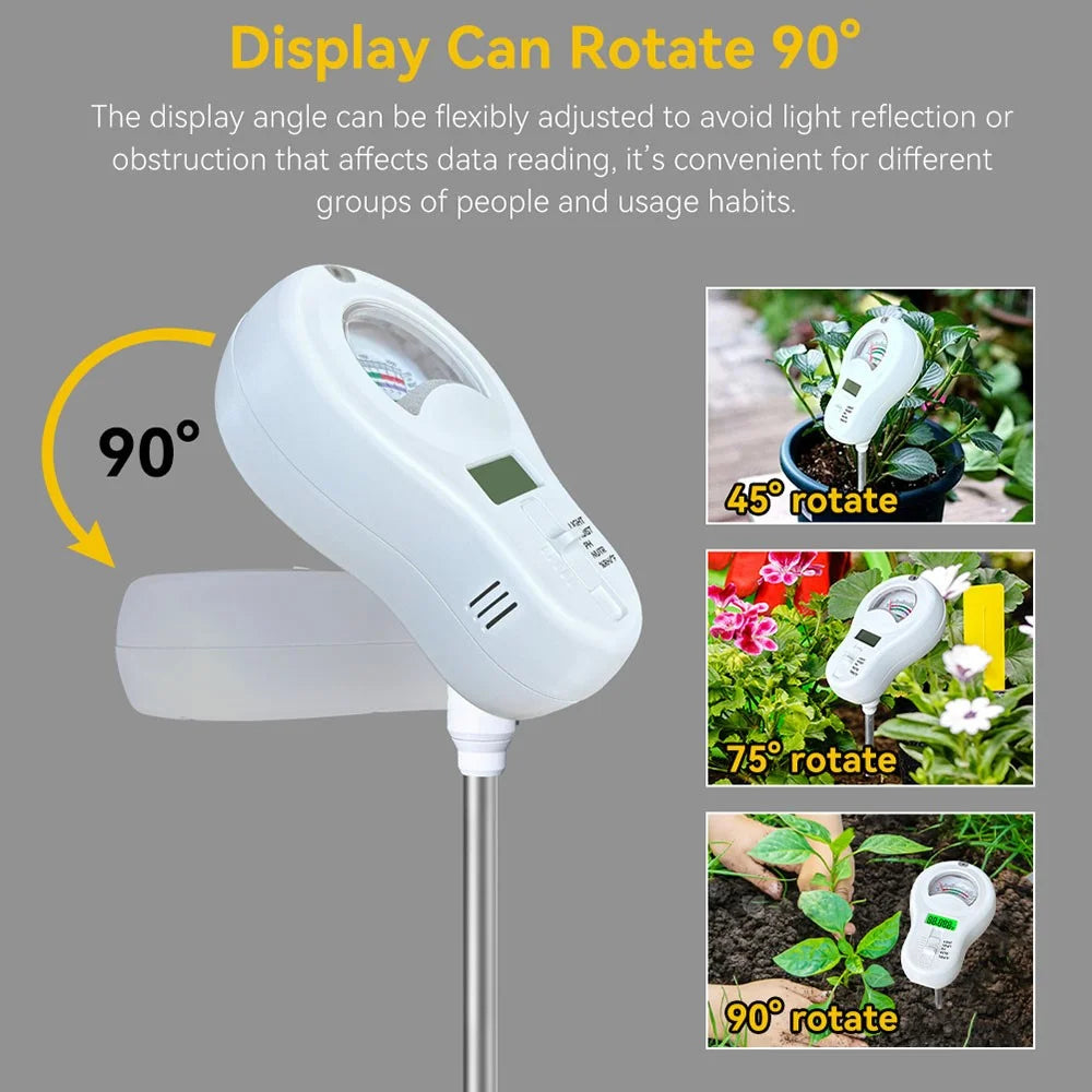 6 in 1 Soil Tester pH Meter with LCD Display Light Moisture Fertility Temperature Humidity Detector, without Battery - White - 6