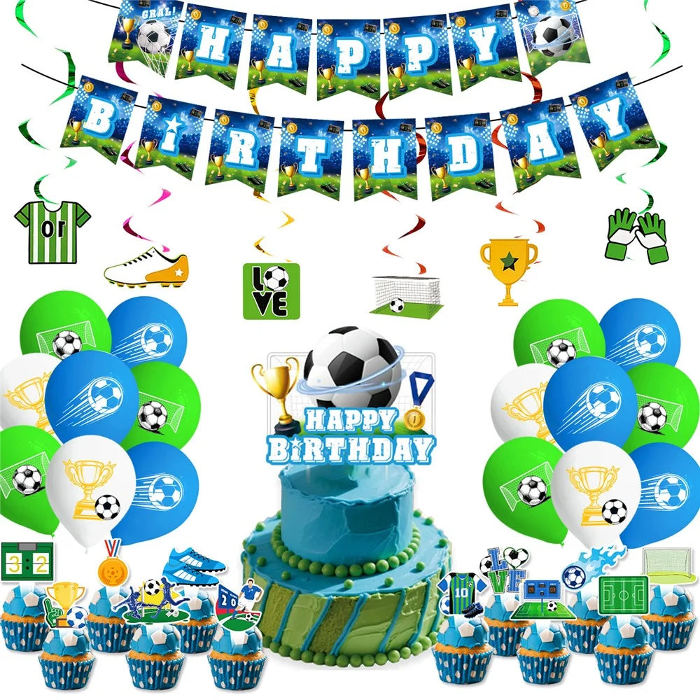 62Pcs Soccer Theme Birthday Party Decoration Set Banner Balloons Cake Toppers Spiral Hanging for Football Party - 1