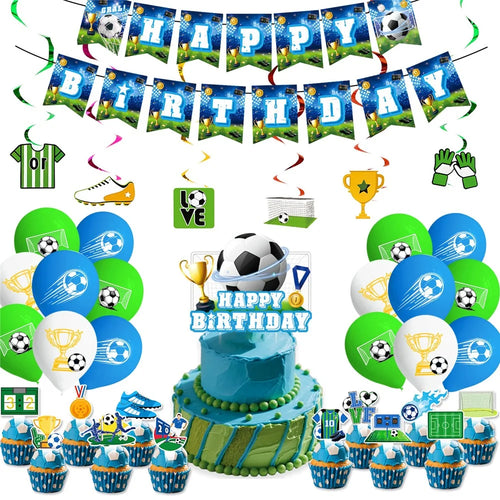 62Pcs Soccer Theme Birthday Party Decoration Set Banner Balloons Cake Toppers Spiral Hanging for Football Party - 1
