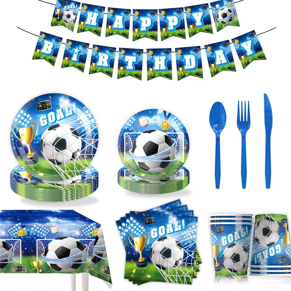 86Pcs Soccer Football Party Supplies Decorations Set Plates Cups Napkins Banner Tablecloth for Birthday - 1
