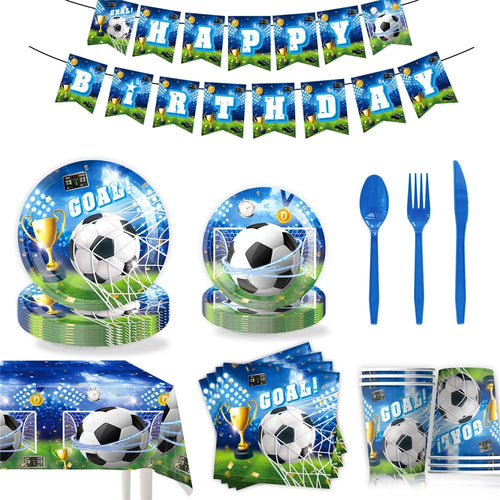 86Pcs Soccer Football Party Supplies Decorations Set Plates Cups Napkins Banner Tablecloth for Birthday - 1