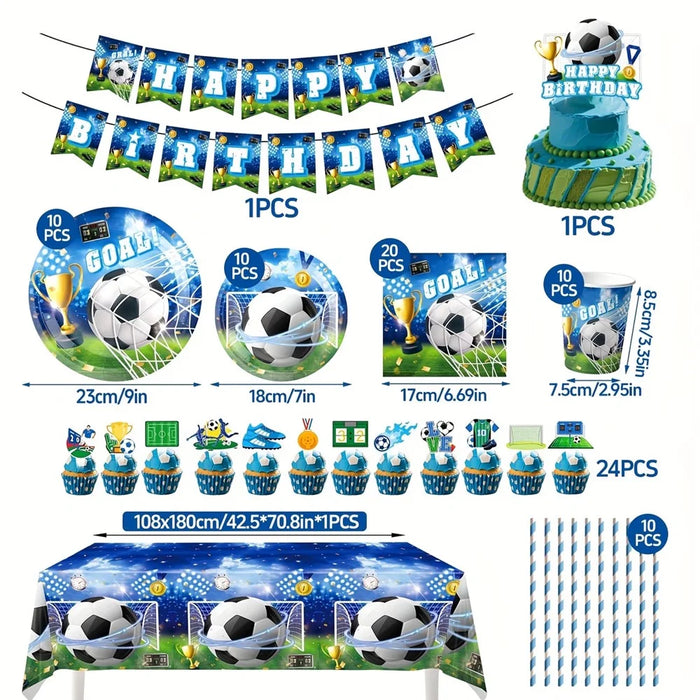 101Pcs Soccer Football Theme Party Supplies Set Banner Tablecloth Plates Cups Napkins Cake Toppers for Birthday - 1