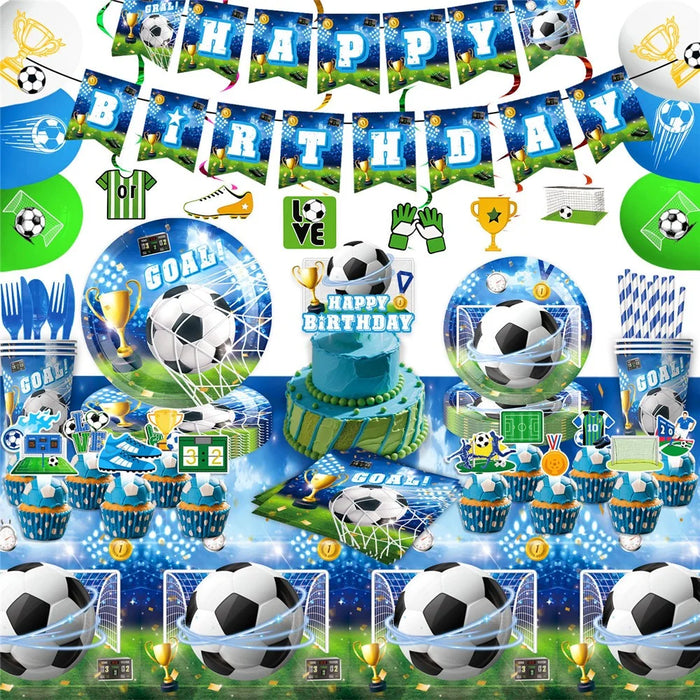 142Pcs Soccer Football Theme Party Supplies Tableware Decoration Set Banner Balloons Cake Toppers for Birthday - 1