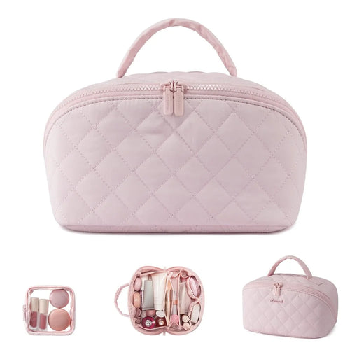 Portable Makeup Bag Large Capacity Travel Cosmetic Organizer with Small Bag - Pink - 1