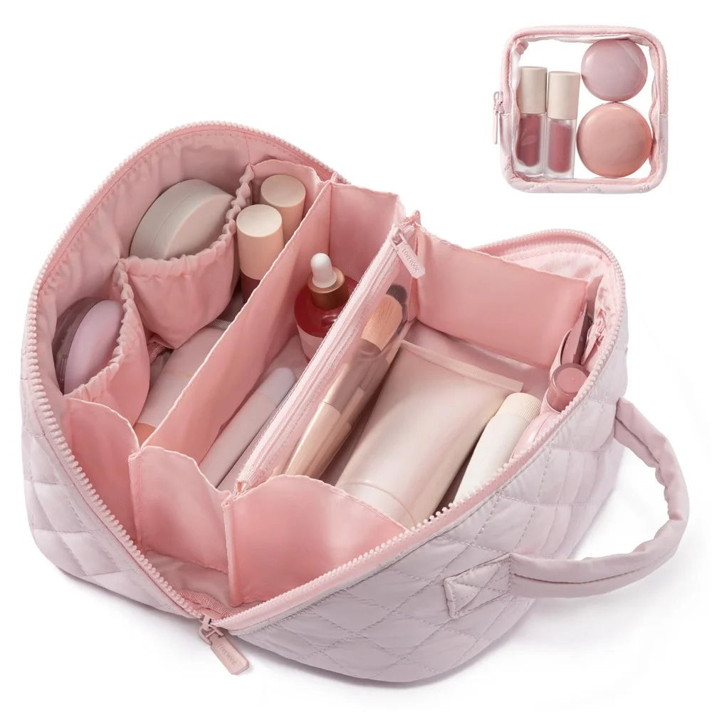 Portable Makeup Bag Large Capacity Travel Cosmetic Organizer with Small Bag - Pink - 2