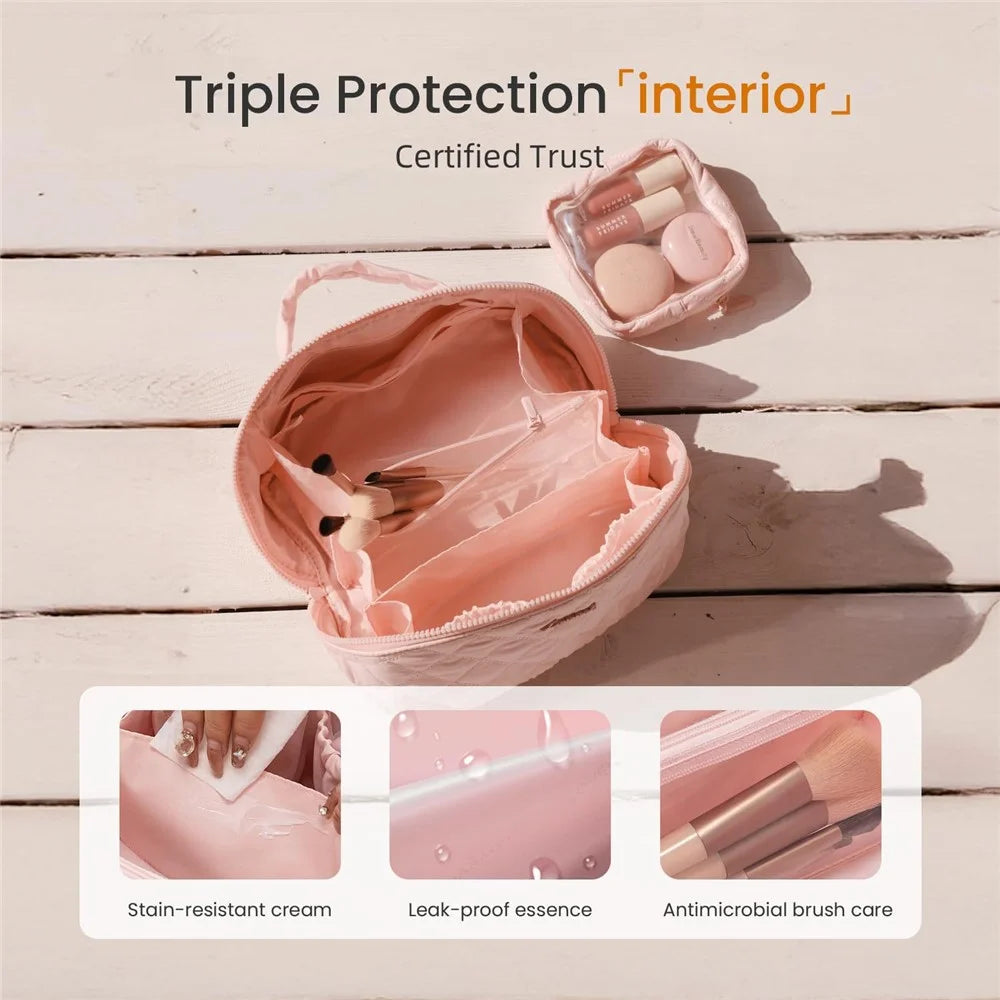 Portable Makeup Bag Large Capacity Travel Cosmetic Organizer with Small Bag - Pink - 4