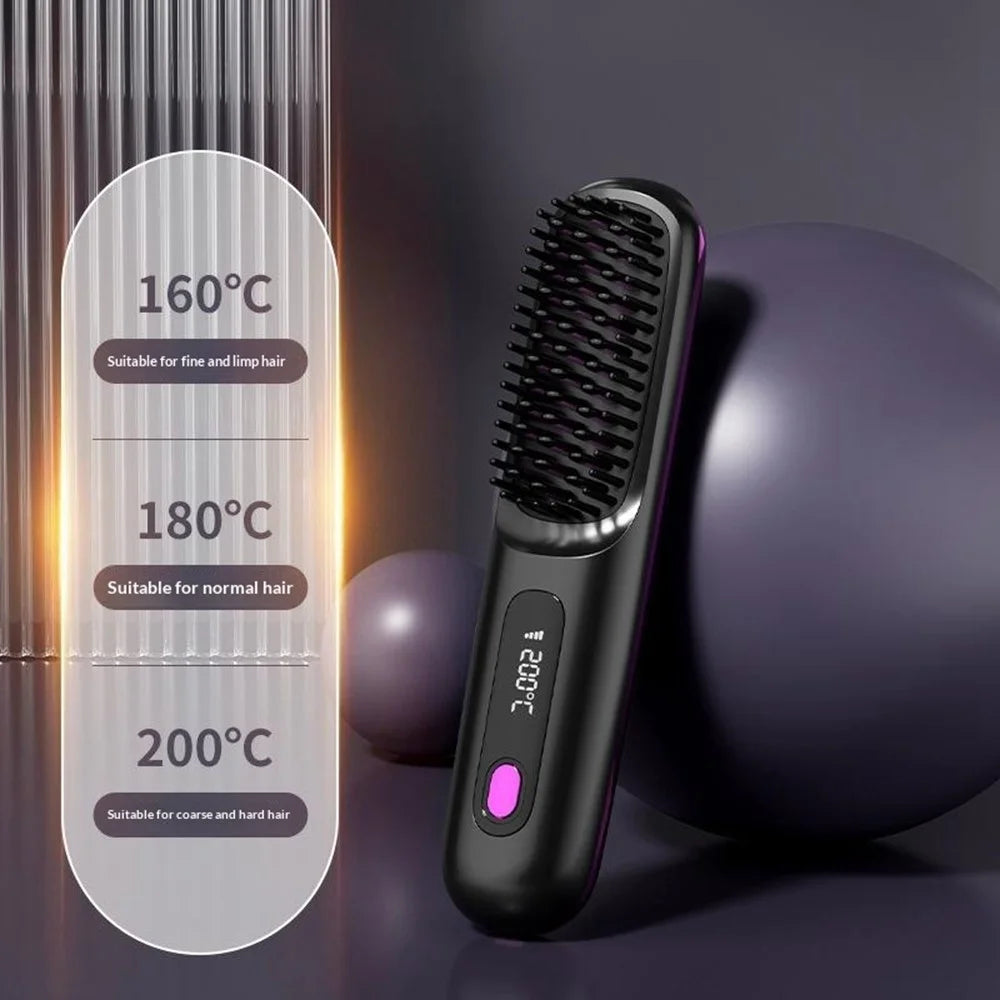 Cordless Hair Straightening Comb LCD Wireless Ceramic Hair Straightener with 3 Temperature Settings - Black - 2