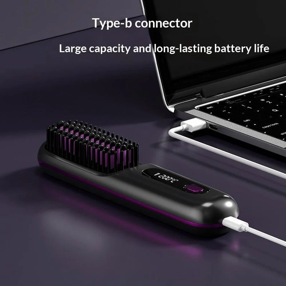 Cordless Hair Straightening Comb LCD Wireless Ceramic Hair Straightener with 3 Temperature Settings - Black - 3
