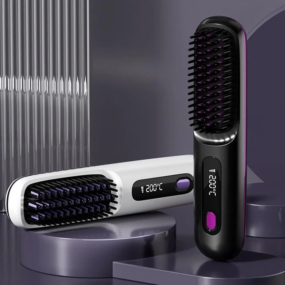 Cordless Hair Straightening Comb LCD Wireless Ceramic Hair Straightener with 3 Temperature Settings - Black - 4