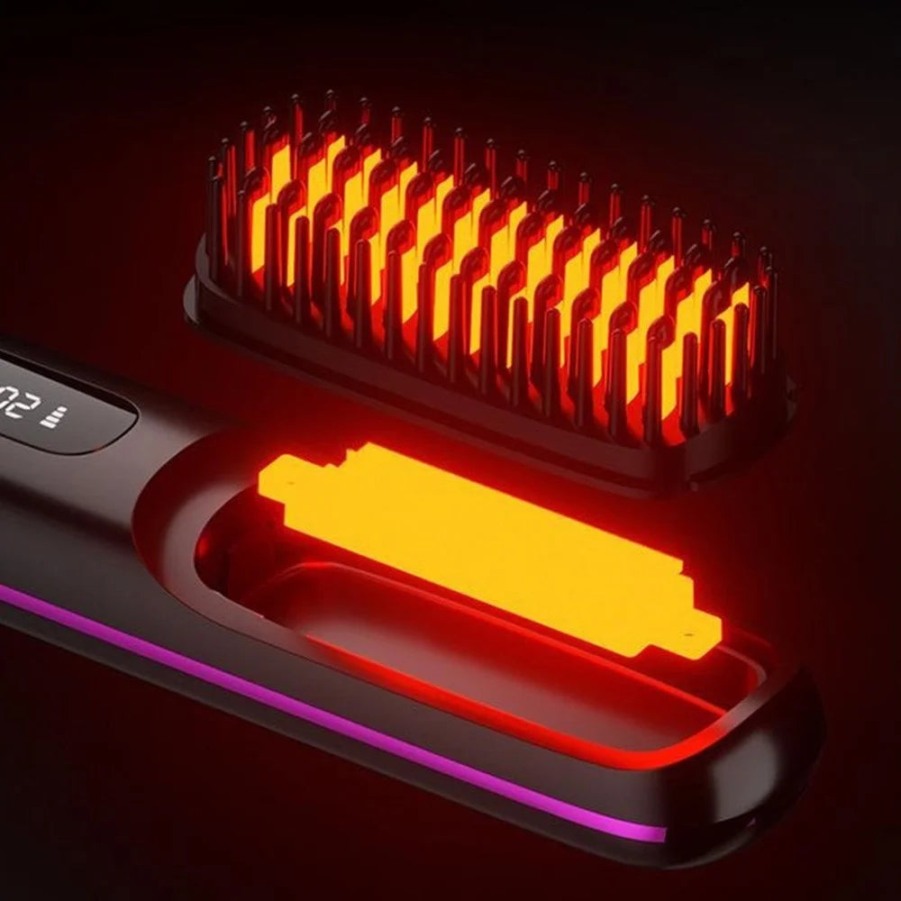 Cordless Hair Straightening Comb LCD Wireless Ceramic Hair Straightener with 3 Temperature Settings - Black - 7