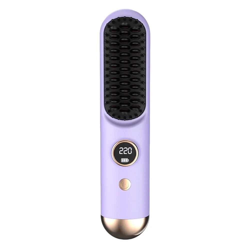 USB Rechargeable Ceramic Hair Straightener Comb Wireless Portable Styling Brush 9 Temperature Adjustment - Purple - 1