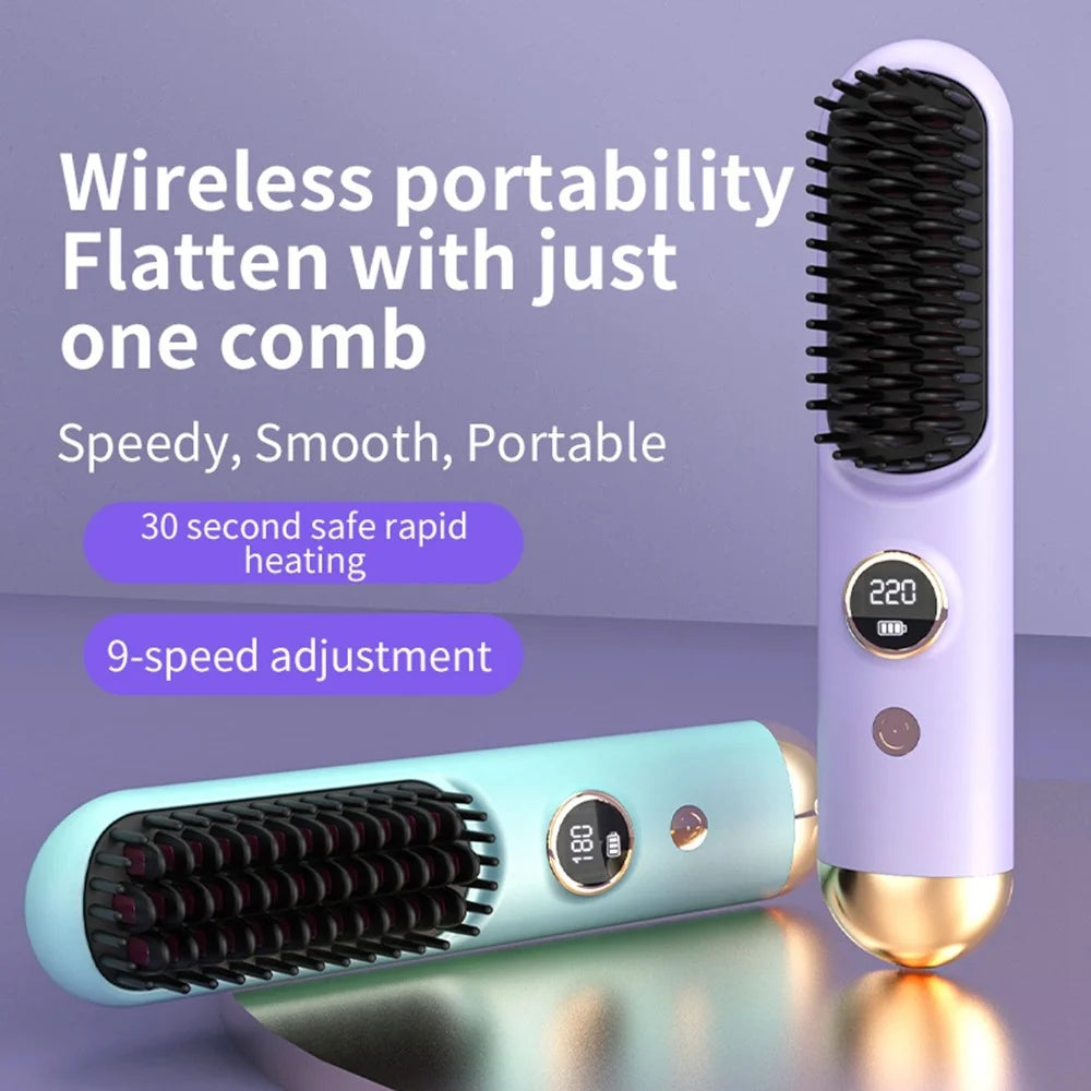 USB Rechargeable Ceramic Hair Straightener Comb Wireless Portable Styling Brush 9 Temperature Adjustment - Purple - 2