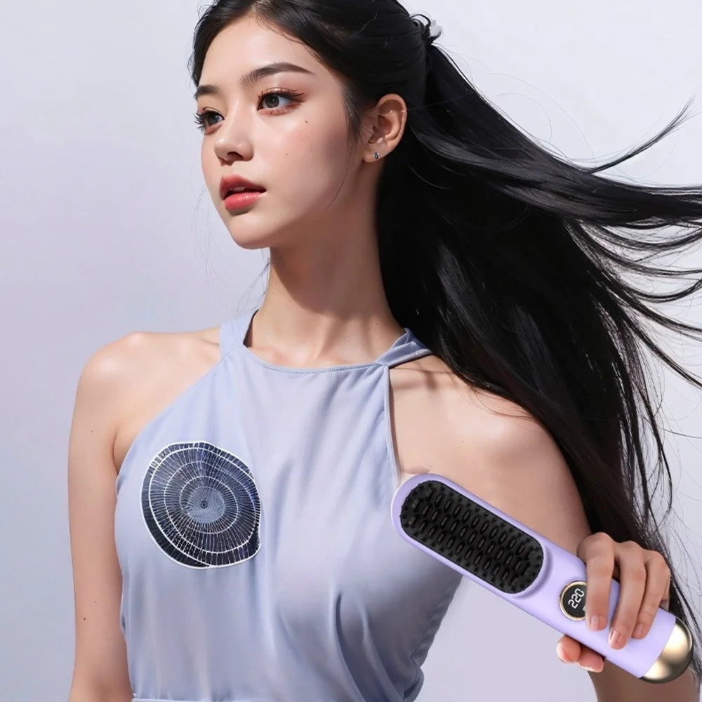 USB Rechargeable Ceramic Hair Straightener Comb Wireless Portable Styling Brush 9 Temperature Adjustment - Purple - 3
