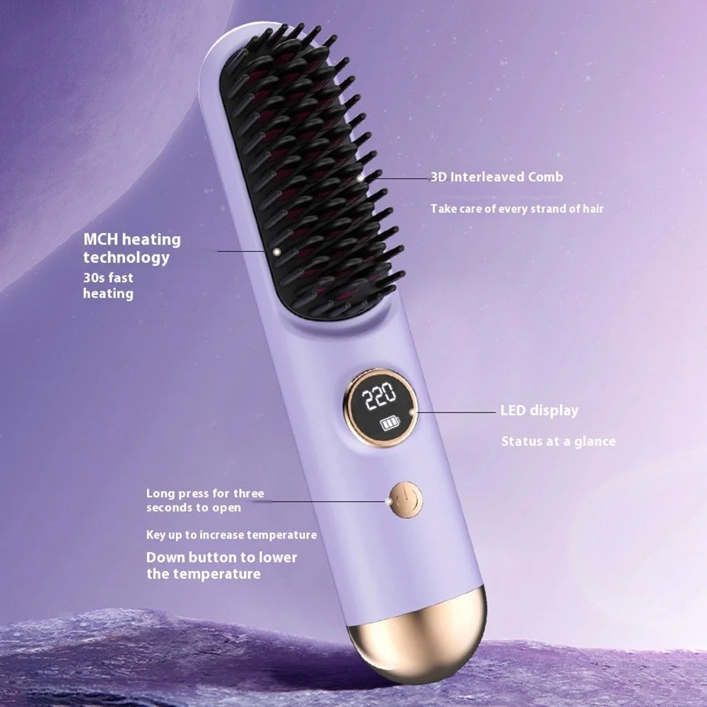 USB Rechargeable Ceramic Hair Straightener Comb Wireless Portable Styling Brush 9 Temperature Adjustment - Purple - 4