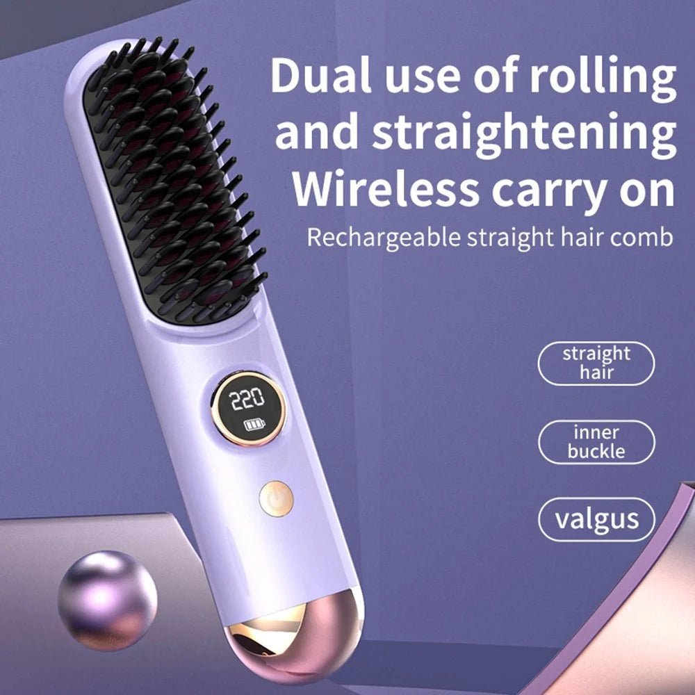 USB Rechargeable Ceramic Hair Straightener Comb Wireless Portable Styling Brush 9 Temperature Adjustment - Purple - 5