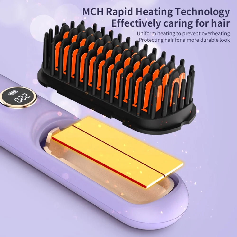 USB Rechargeable Ceramic Hair Straightener Comb Wireless Portable Styling Brush 9 Temperature Adjustment - Purple - 6