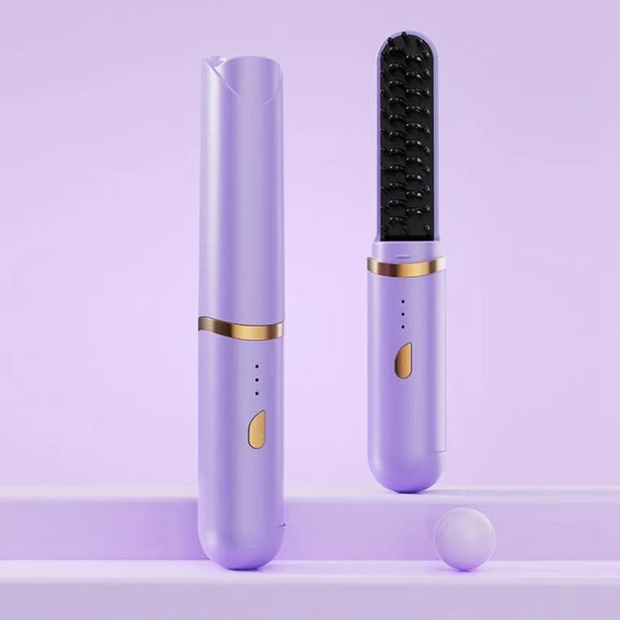 Hair Straightening Brush Wet Dry Dual Use Cordless Portable Anti-Scald PTC Heating Hair Brush - Purple - 3