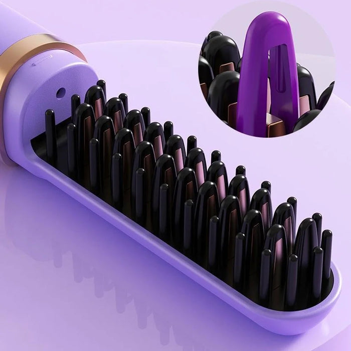 Hair Straightening Brush Wet Dry Dual Use Cordless Portable Anti-Scald PTC Heating Hair Brush - Purple - 5