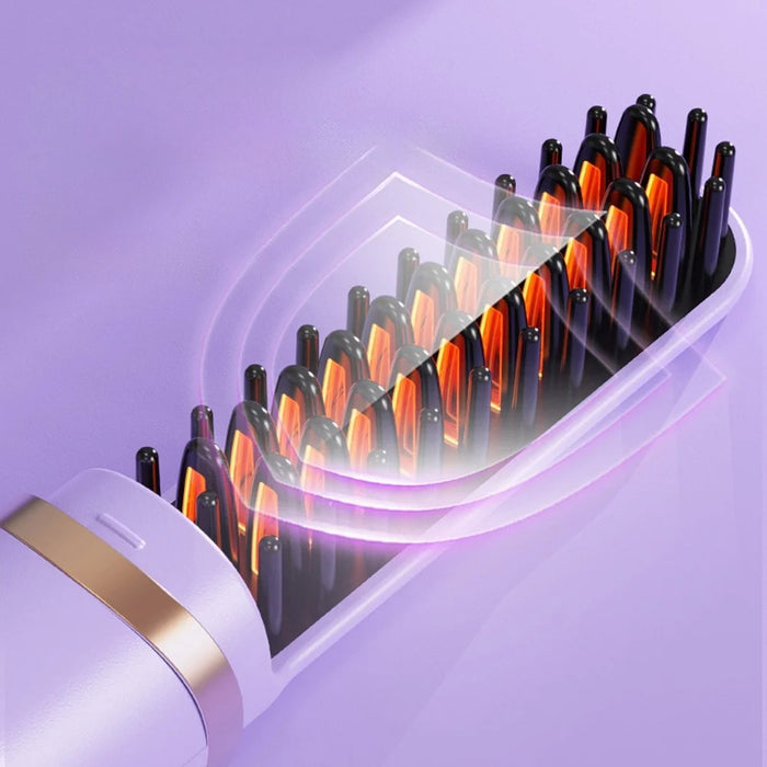Hair Straightening Brush Wet Dry Dual Use Cordless Portable Anti-Scald PTC Heating Hair Brush - Purple - 7