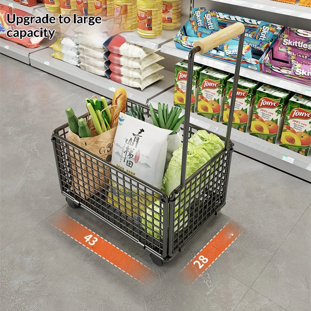 Size M Shopping Cart with Wheels Heavy Duty Iron Grocery Cart Market Trolley with Wooden Handle - Black - 2