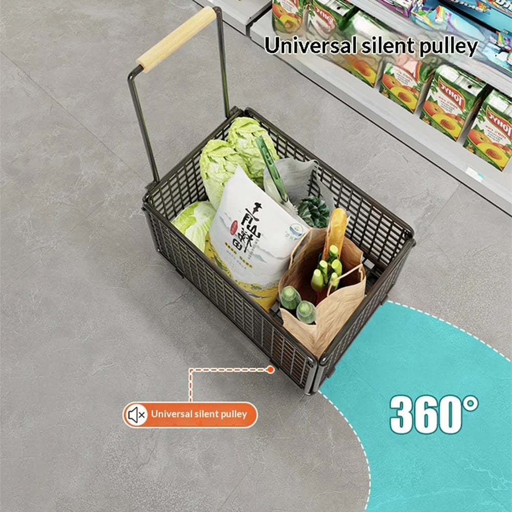 Size M Shopping Cart with Wheels Heavy Duty Iron Grocery Cart Market Trolley with Wooden Handle - Black - 3