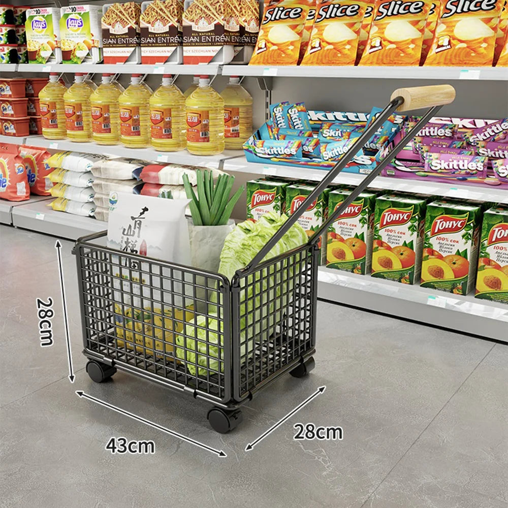 Size M Shopping Cart with Wheels Heavy Duty Iron Grocery Cart Market Trolley with Wooden Handle - Black - 5