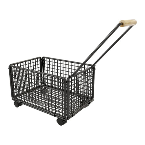 Size L Shopping Cart with Wheels Heavy Duty Iron Grocery Cart Market Trolley with Wooden Handle - Black - 1
