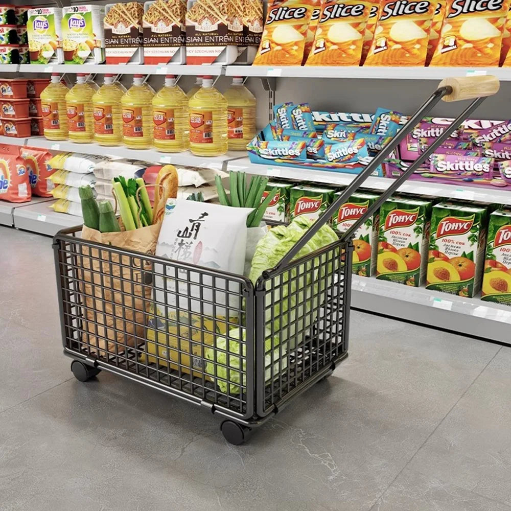 Size L Shopping Cart with Wheels Heavy Duty Iron Grocery Cart Market Trolley with Wooden Handle - Black - 2