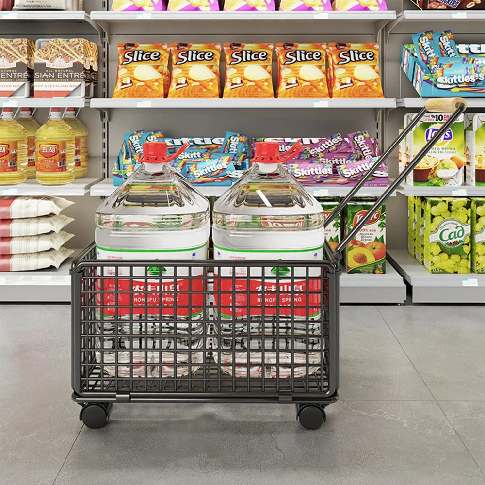 Size L Shopping Cart with Wheels Heavy Duty Iron Grocery Cart Market Trolley with Wooden Handle - Black - 3