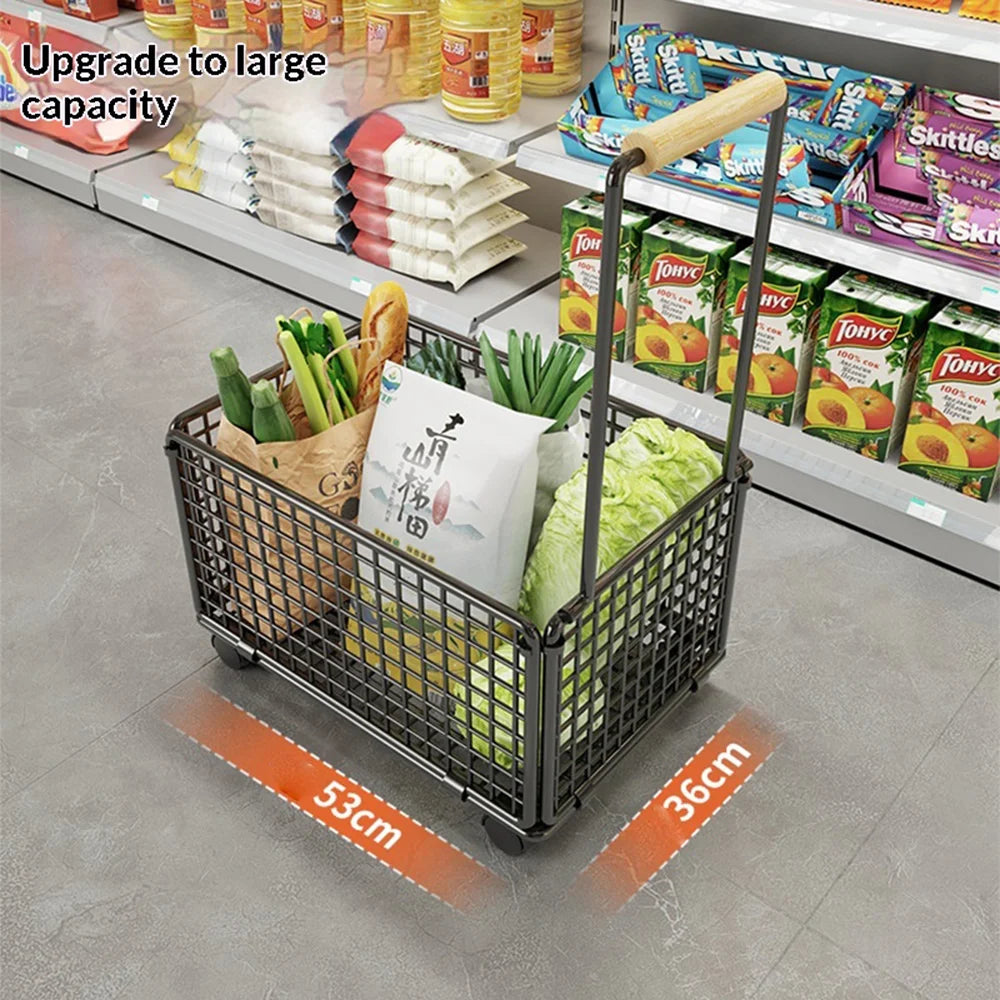 Size L Shopping Cart with Wheels Heavy Duty Iron Grocery Cart Market Trolley with Wooden Handle - Black - 4