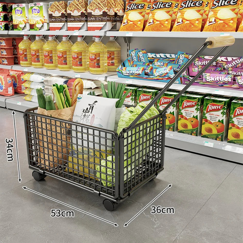 Size L Shopping Cart with Wheels Heavy Duty Iron Grocery Cart Market Trolley with Wooden Handle - Black - 6
