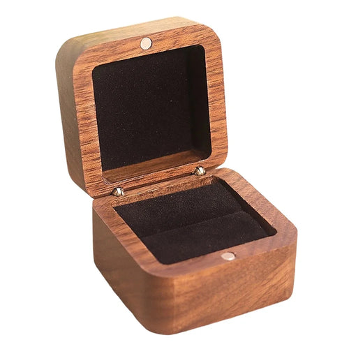 55mm Square Wood Ring Box Black Walnut Proposal Engagement Wedding Jewelry Gift Storage Case with Soft Lining - Black / Single Ring - 1