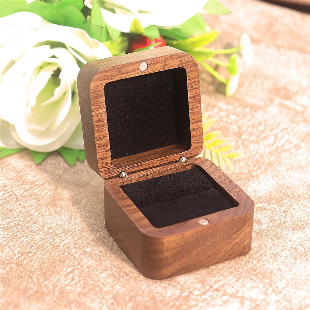55mm Square Wood Ring Box Black Walnut Proposal Engagement Wedding Jewelry Gift Storage Case with Soft Lining - Black / Single Ring - 2