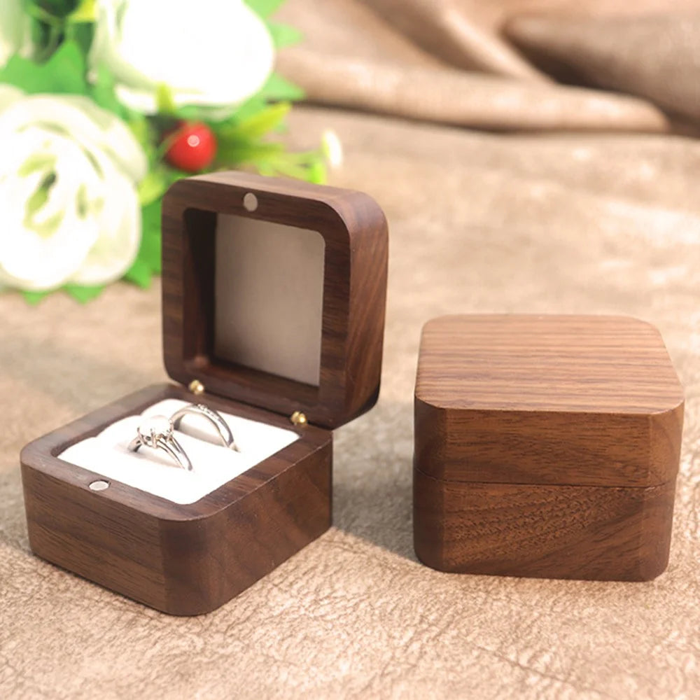 55mm Square Wood Ring Box Black Walnut Proposal Engagement Wedding Jewelry Gift Storage Case with Soft Lining - Black / Single Ring - 3