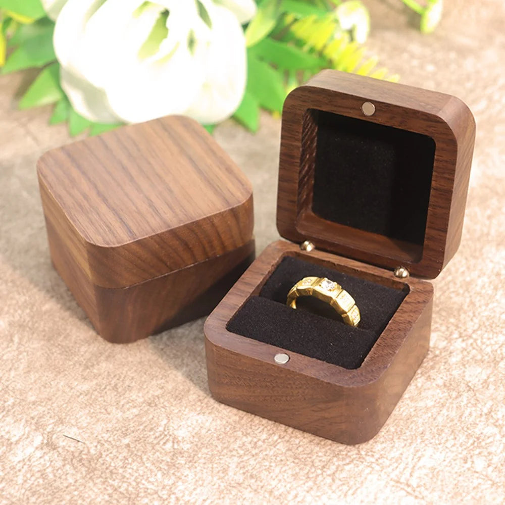 55mm Square Wood Ring Box Black Walnut Proposal Engagement Wedding Jewelry Gift Storage Case with Soft Lining - Black / Single Ring - 4