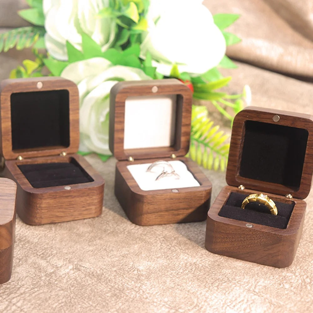 55mm Square Wood Ring Box Black Walnut Proposal Engagement Wedding Jewelry Gift Storage Case with Soft Lining - Black / Single Ring - 5